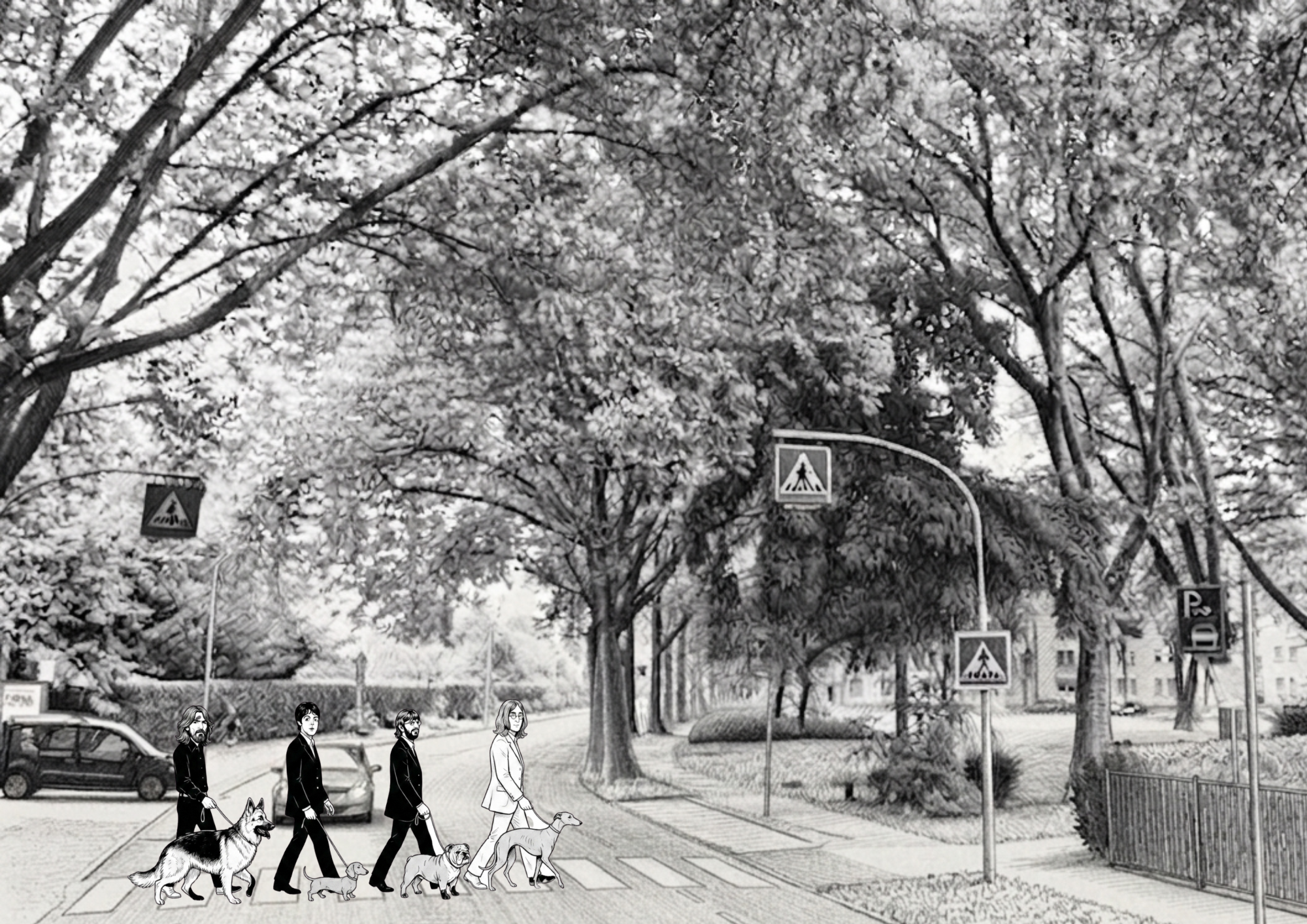 Illustration: vier musikalische Wegbegleiter überqueren mit ihren Hunden den Zebrastreifen am John-Lennon-Park