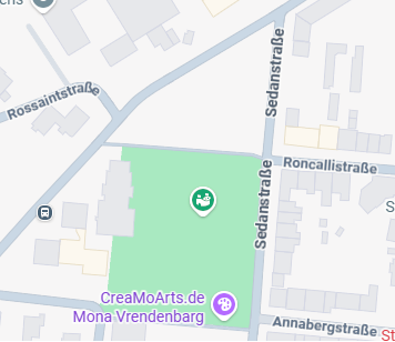 Kartenausschnitt des Marienviertels mit der markierten Fläche zwischen Rossaintstraße und Sedanstraße, für die eine eingezäunte Hundewiese vorgeschlagen wird